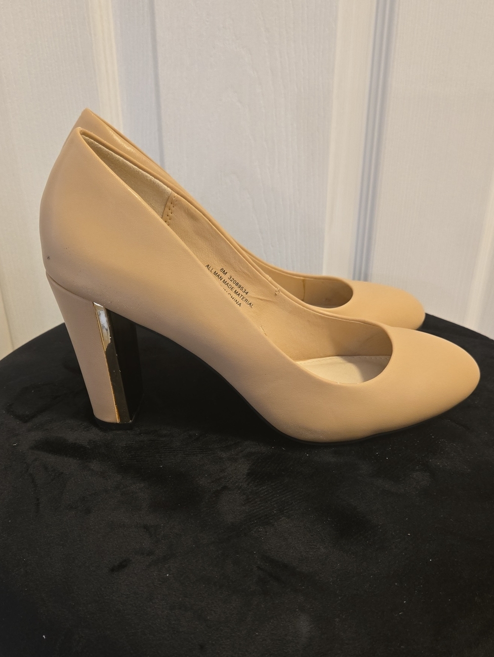 Cato Beige Block Heel Pumps with Gold Accent